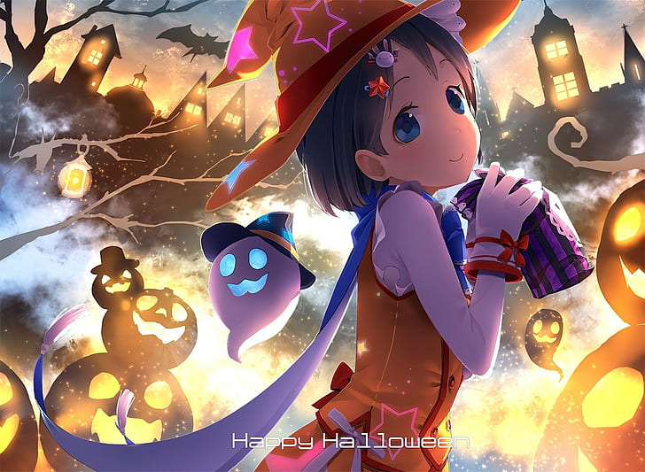 Halloween, witch hat, Sasaki Chie, ghost, Jack O' Lantern, HD wallpaper